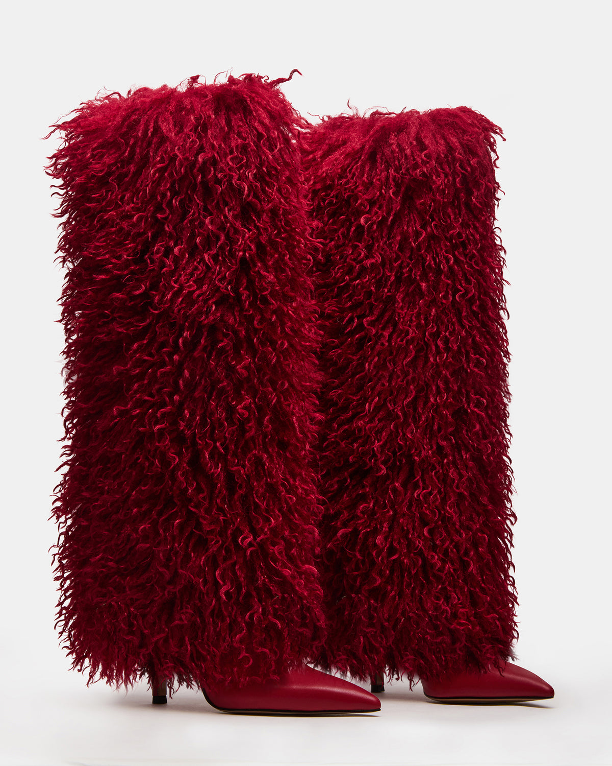 ICON Red Pointed-Toe Faux Fur Knee-High Stiletto Heel Women's Boot