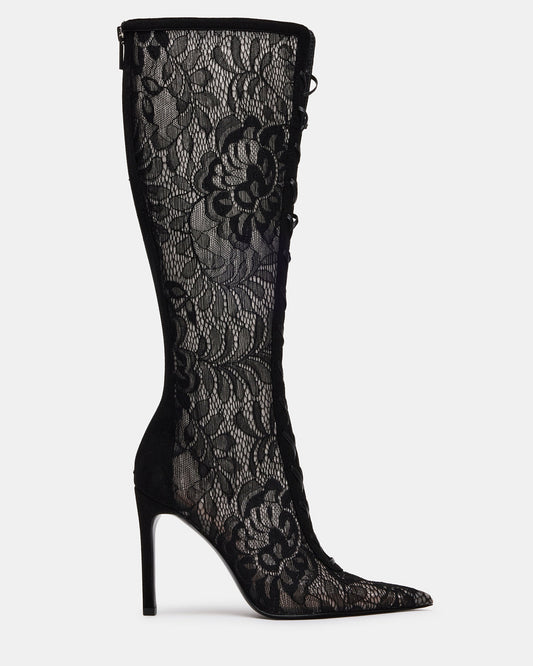 MAXINE Black Lace Pointed-Toe Knee-High Lace-Up Stiletto Women's Boot