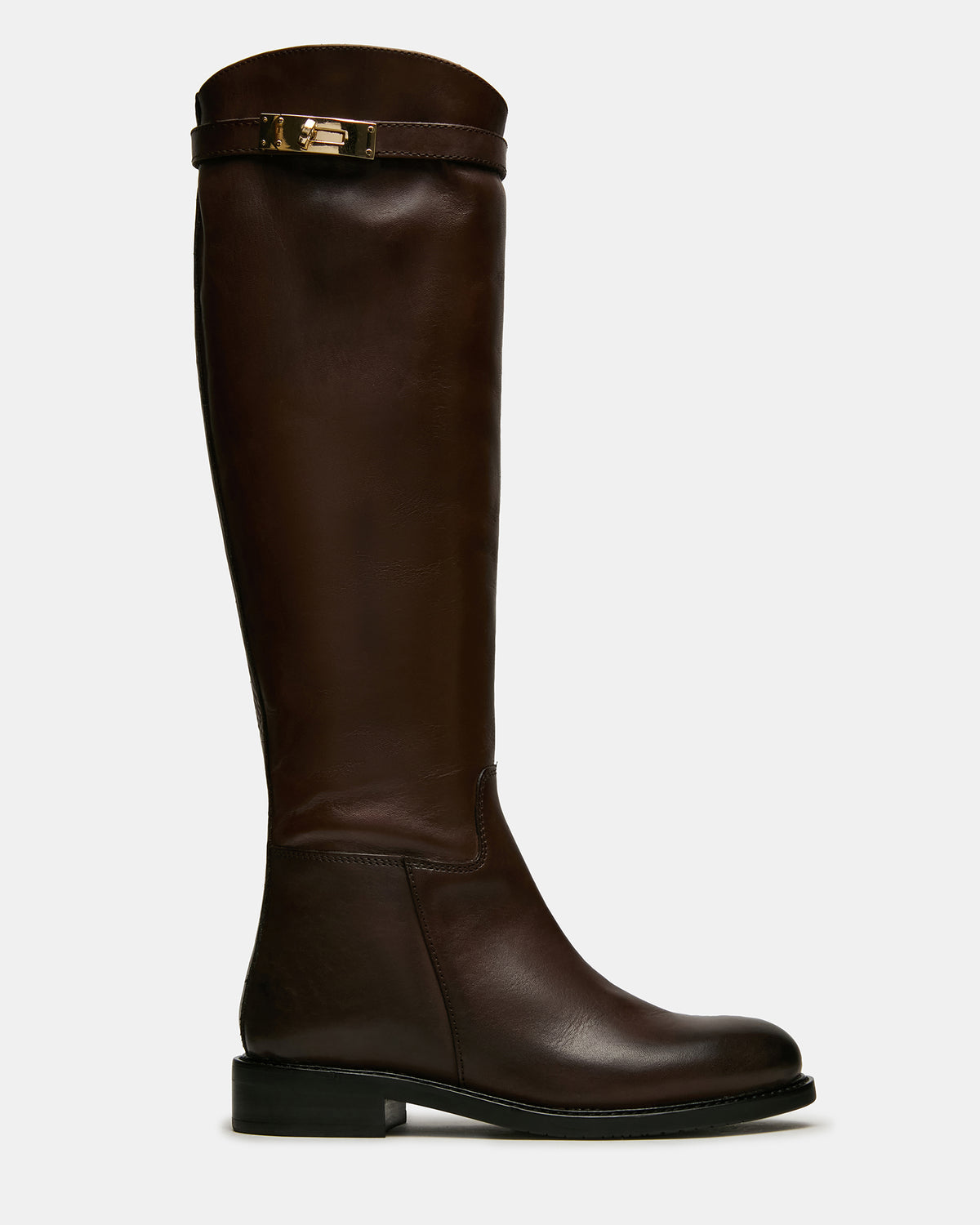 BEXLEY Brown Leather Knee-High Round-Toe Buckle Women's Boot