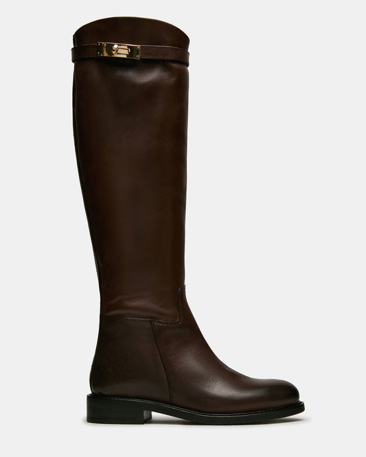 BEXLEY Brown Leather Knee-High Round-Toe Buckle Women's Boot