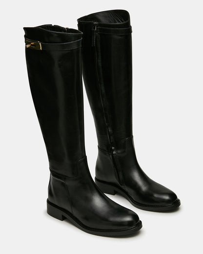 BEXLEY Black Leather Knee-High Round-Toe Buckle Women's Boot