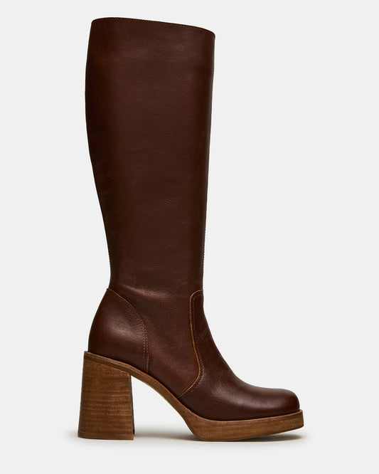 FOLIE Rust Leather Square-Toe Block Heel Knee-High Women's Boot