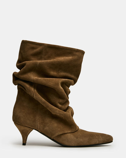 LEXEN Taupe Suede Pointed-Toe Fold-Over Scrunched Women's Ankle Boot