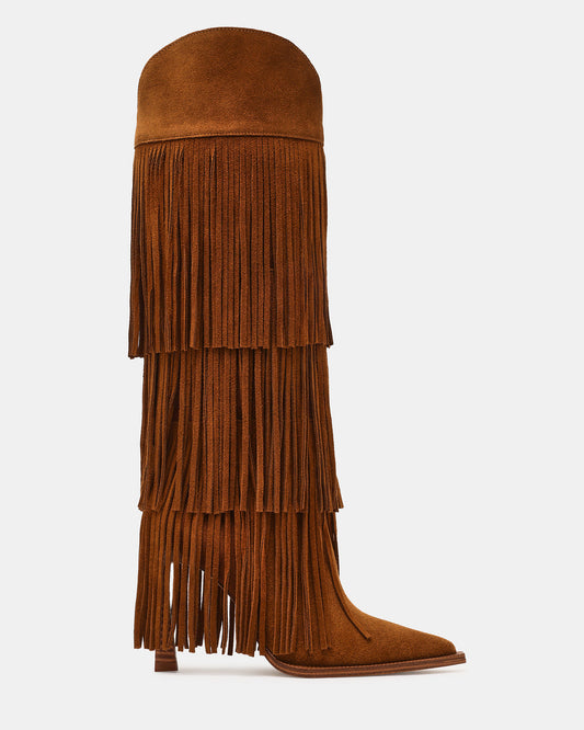 KINZEE Fringe Chestnut Suede Pointed-Toe Knee-High Western Stiletto Women's Boot