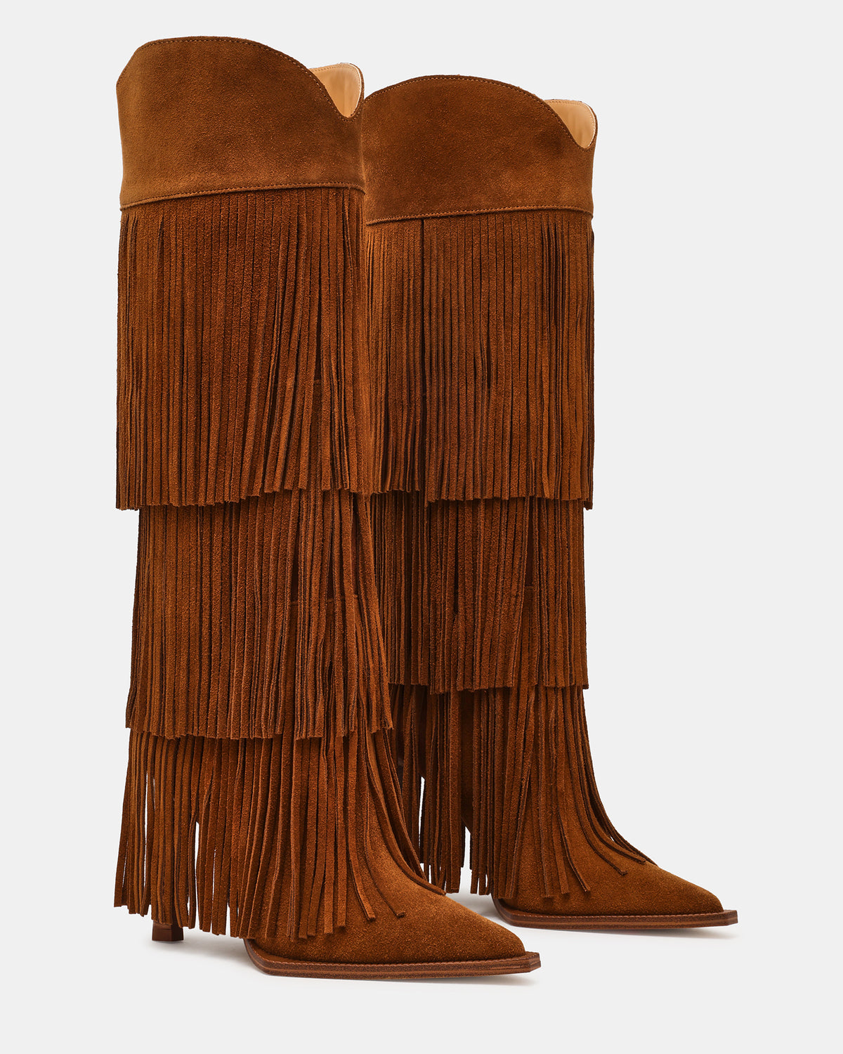 KINZEE Fringe Chestnut Suede Pointed-Toe Knee-High Western Stiletto Women's Boot