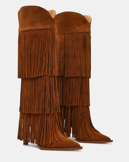KINZEE Fringe Chestnut Suede Pointed-Toe Knee-High Western Stiletto Women's Boot
