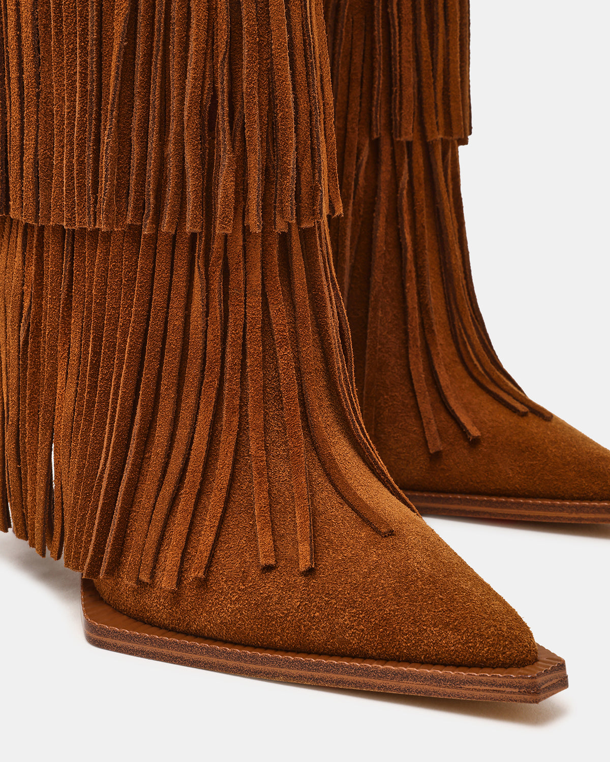KINZEE Fringe Chestnut Suede Pointed-Toe Knee-High Western Stiletto Women's Boot