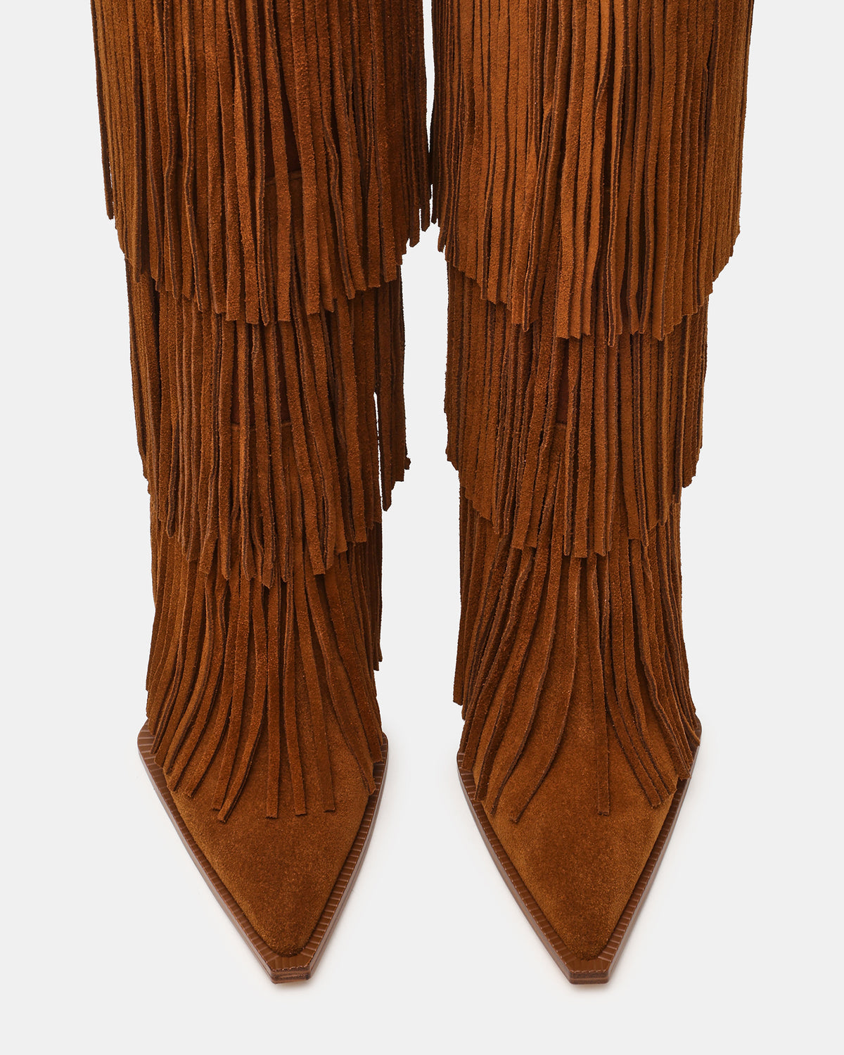 KINZEE Fringe Chestnut Suede Pointed-Toe Knee-High Western Stiletto Women's Boot