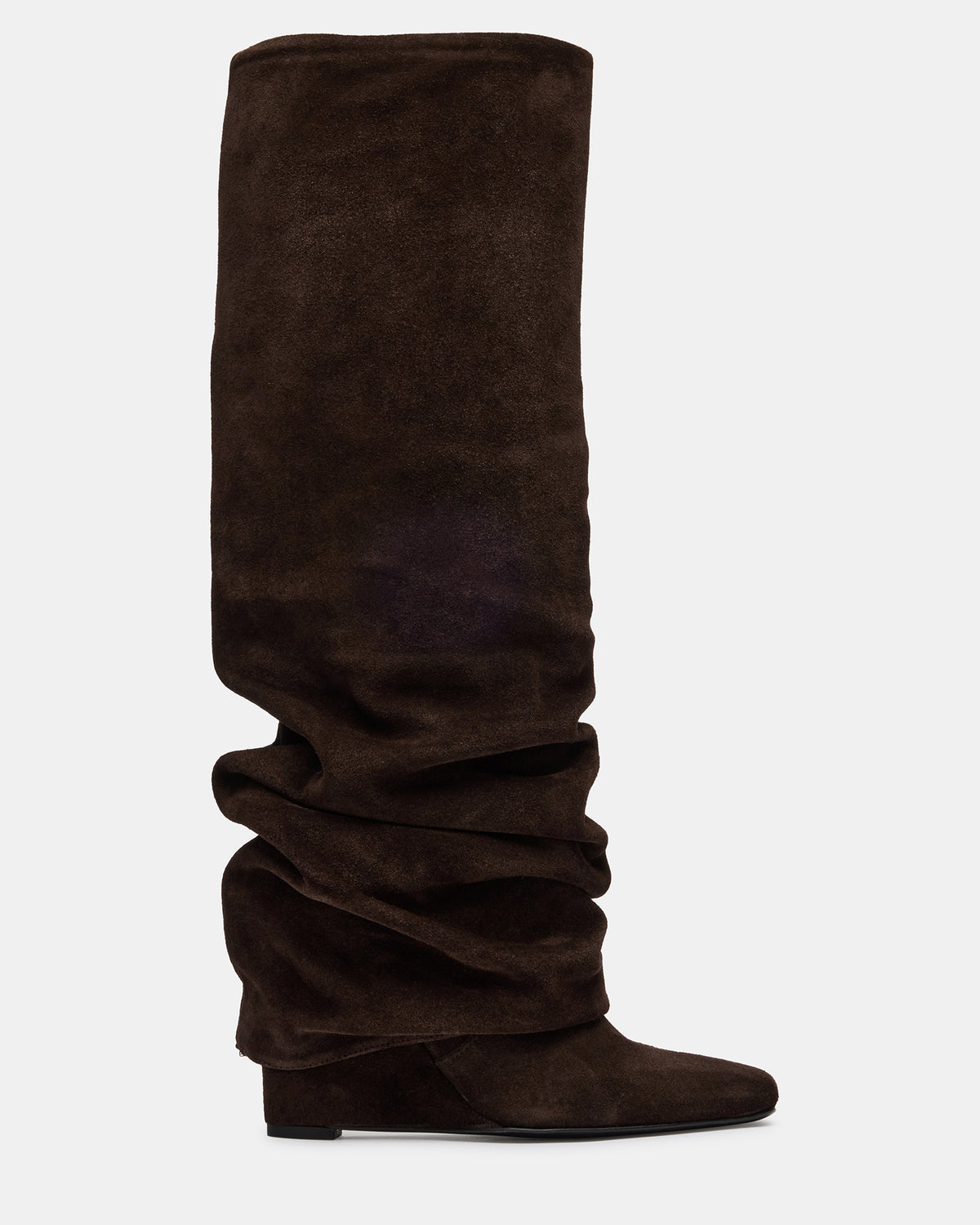 MONTANA Brown Suede Knee-High Square-Toe Wedge Fold-Over Women's Boot