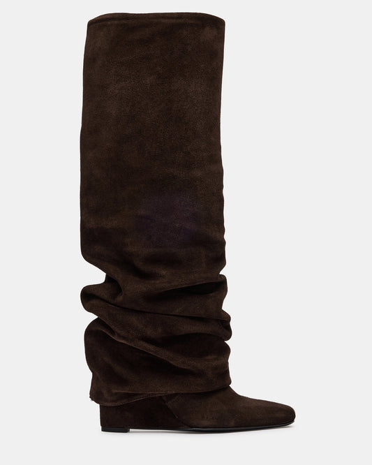 MONTANA Brown Suede Knee-High Square-Toe Wedge Fold-Over Women's Boot