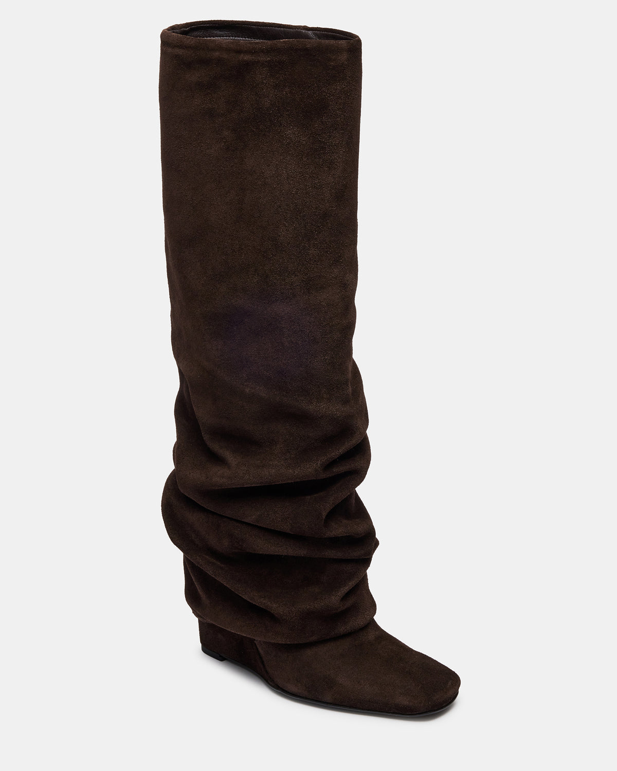 MONTANA Brown Suede Knee-High Square-Toe Wedge Fold-Over Women's Boot
