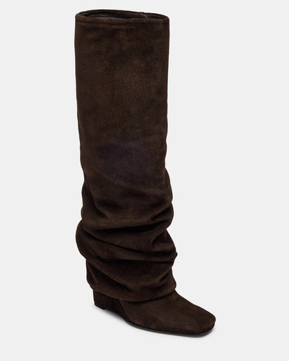 MONTANA Brown Suede Knee-High Square-Toe Wedge Fold-Over Women's Boot