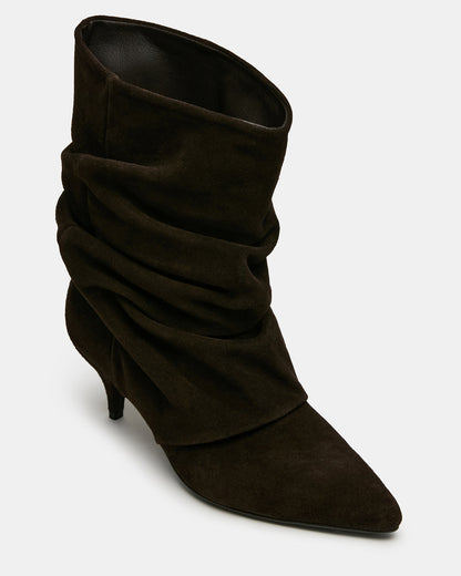 LEXEN Brown Suede Pointed-Toe Fold-Over Scrunched Women's Ankle Boot
