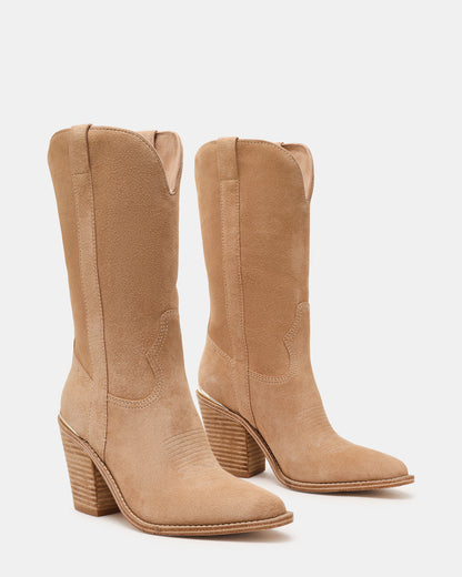 SALLY Sand Suede Pointed-Toe Western Block Heel Women's Boot