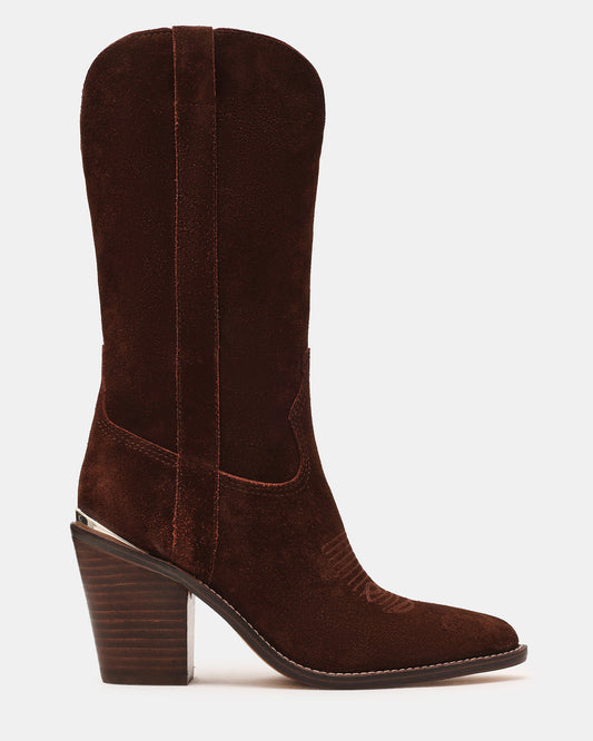 SALLY Brown Suede Pointed-Toe Western Block Heel Women's Boot