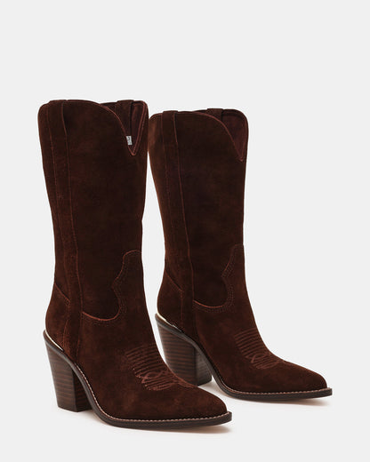 SALLY Brown Suede Pointed-Toe Western Block Heel Women's Boot
