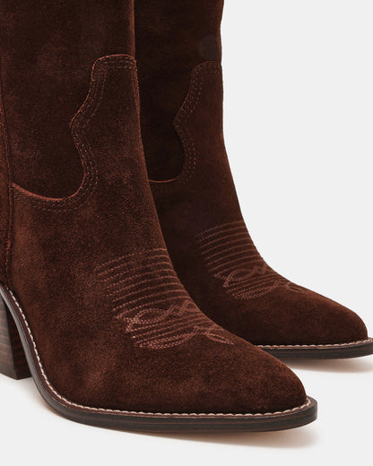 SALLY Brown Suede Pointed-Toe Western Block Heel Women's Boot