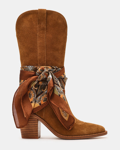 SALLY SCARF Chestnut Suede Pointed-Toe Western Block Heel Women's Boot