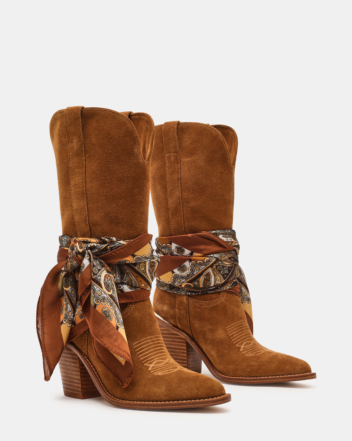 SALLY SCARF Chestnut Suede Pointed-Toe Western Block Heel Women's Boot