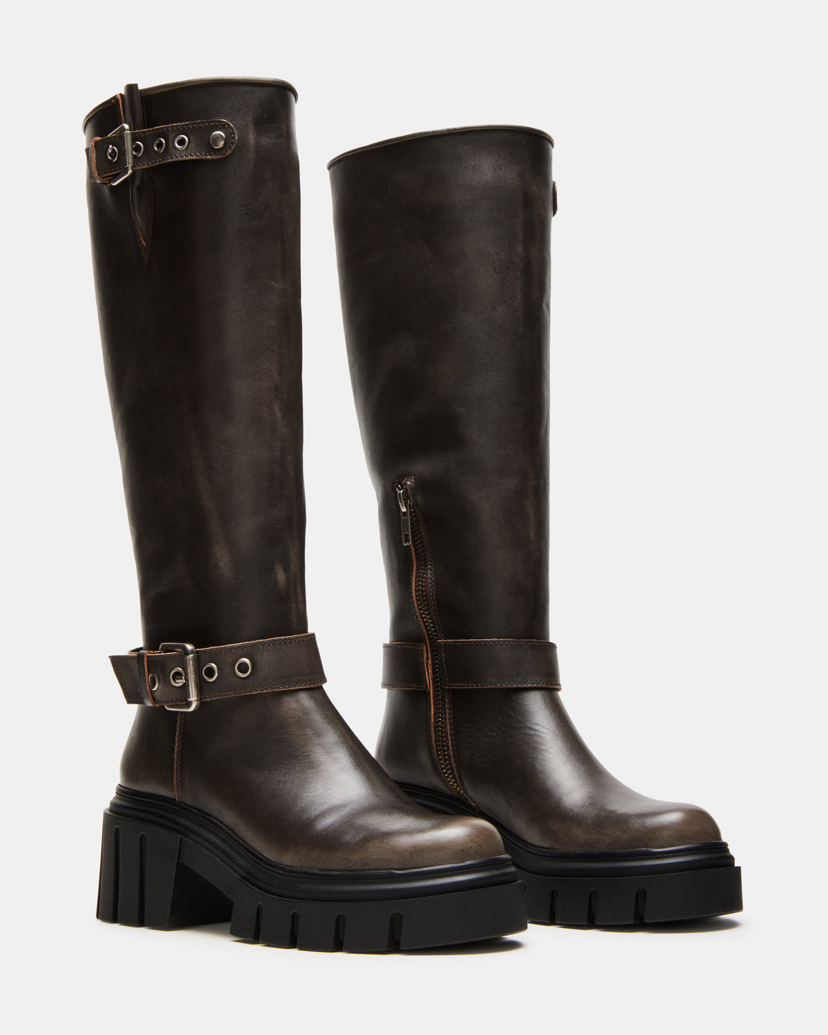 BRIGADE Brown Distressed Women's Knee-High Moto Lug Boot
