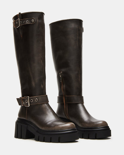 BRIGADE Brown Distressed Women's Knee-High Moto Lug Boot