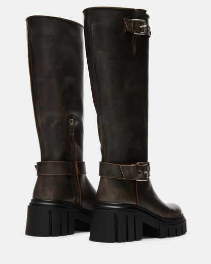 BRIGADE Brown Distressed Women's Knee-High Moto Lug Boot