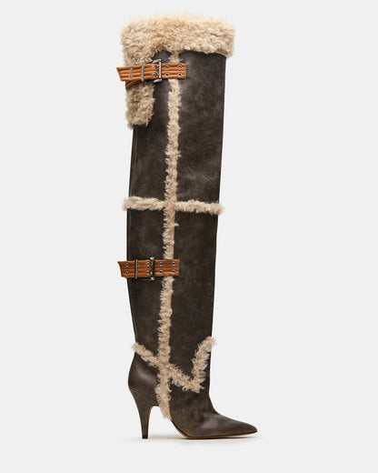 BADDIE Faux Fur Brown Distressed Over-The-Knee Moto Women's Boot