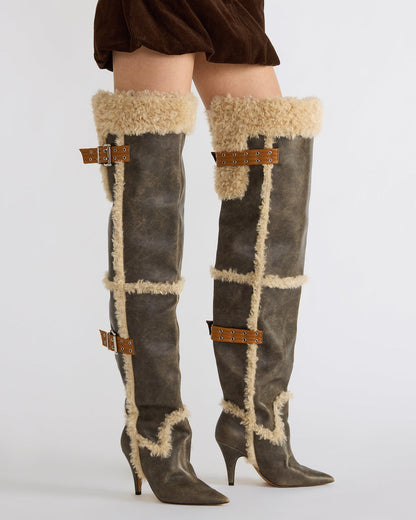 BADDIE Faux Fur Brown Distressed Over-The-Knee Moto Women's Boot