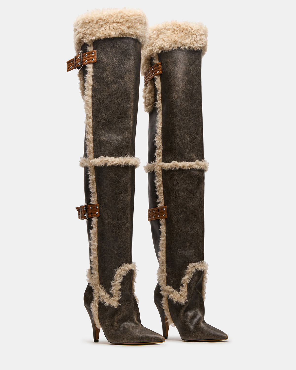 BADDIE Faux Fur Brown Distressed Over-The-Knee Moto Women's Boot