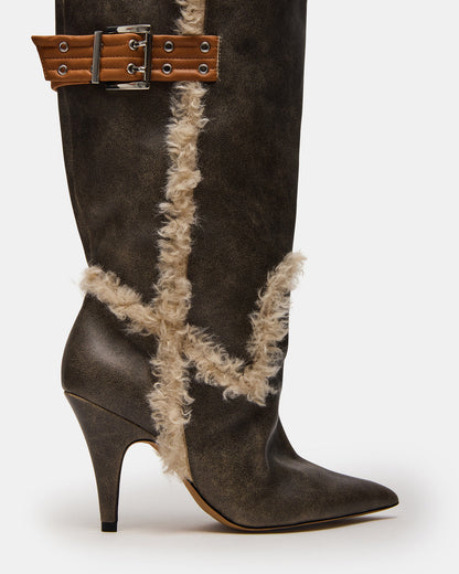 BADDIE Faux Fur Brown Distressed Over-The-Knee Moto Women's Boot