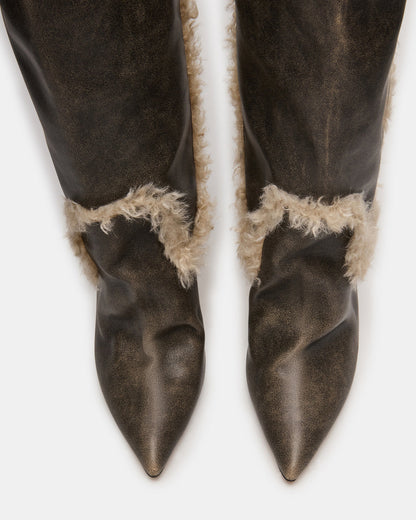 BADDIE Faux Fur Brown Distressed Over-The-Knee Moto Women's Boot