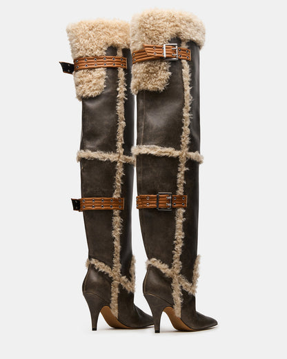 BADDIE Faux Fur Brown Distressed Over-The-Knee Moto Women's Boot