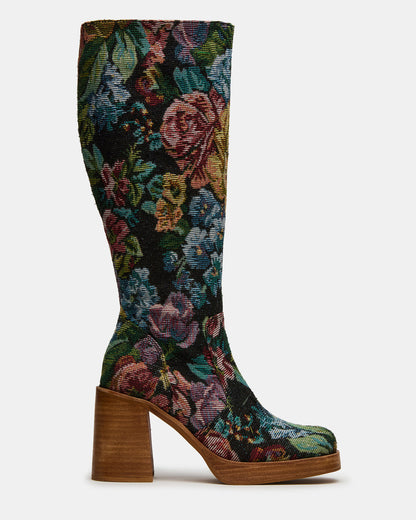 FOLIE Tapestry Square-Toe Block Heel Knee-High Women's Boot
