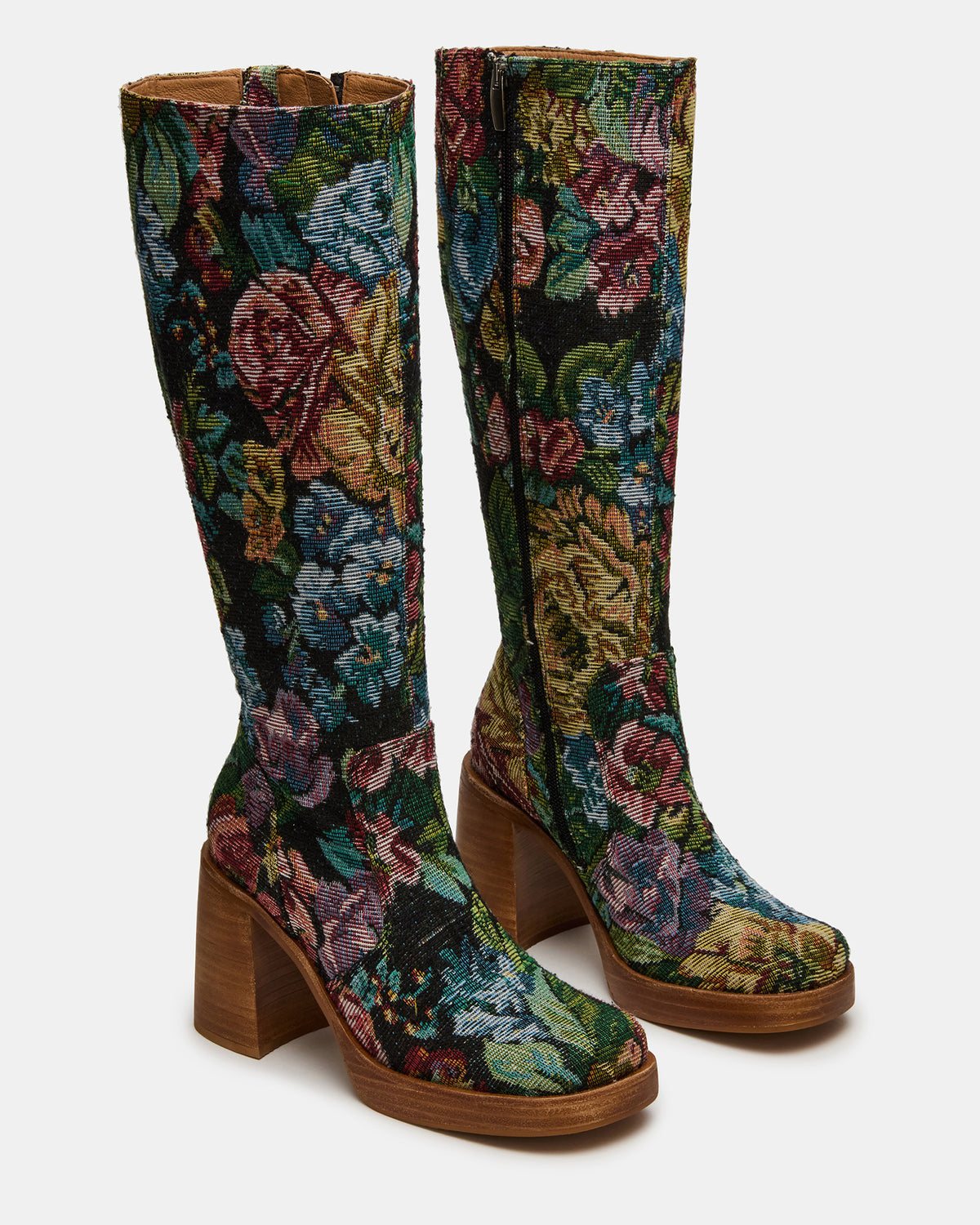 FOLIE Tapestry Square-Toe Block Heel Knee-High Women's Boot