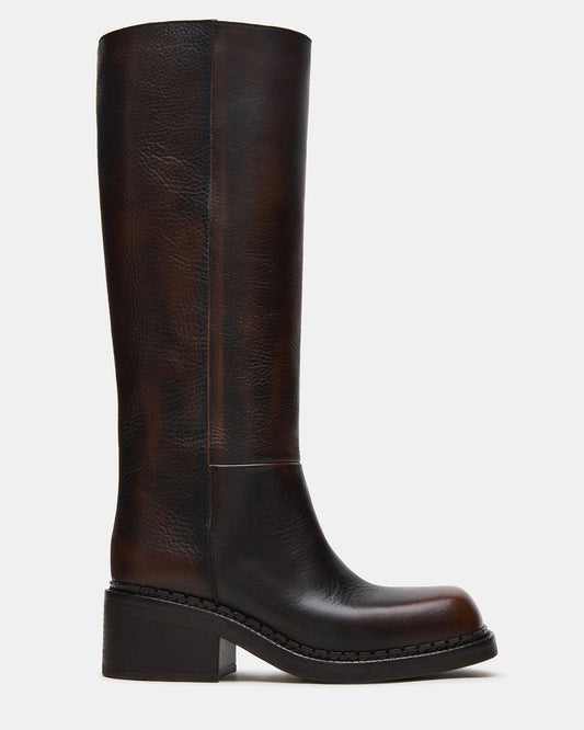 DAVOS Cognac Leather Square-Toe Knee High Block Heel Women's Boot