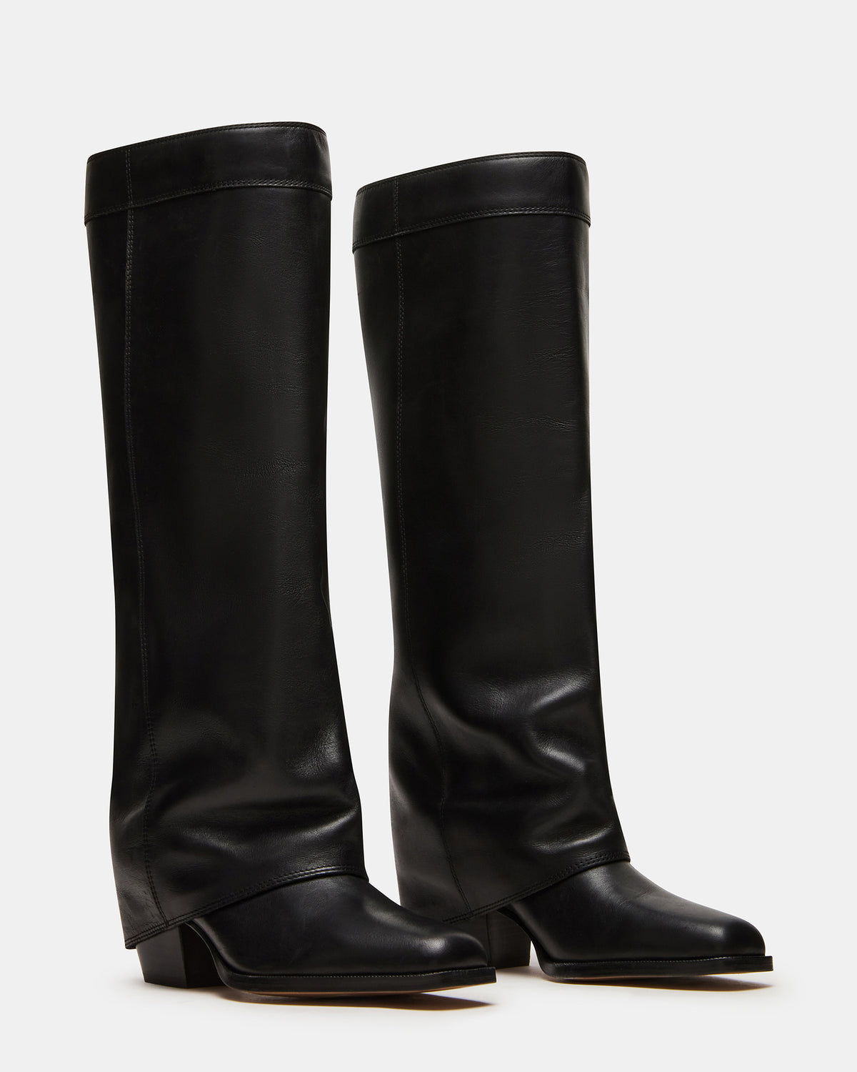 WINNICK Black Leather Knee-High Cuffed Fold-Over Block Heel Women's Boot