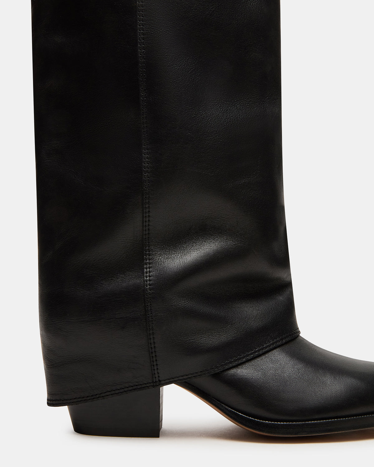 WINNICK Black Leather Knee-High Cuffed Fold-Over Block Heel Women's Boot