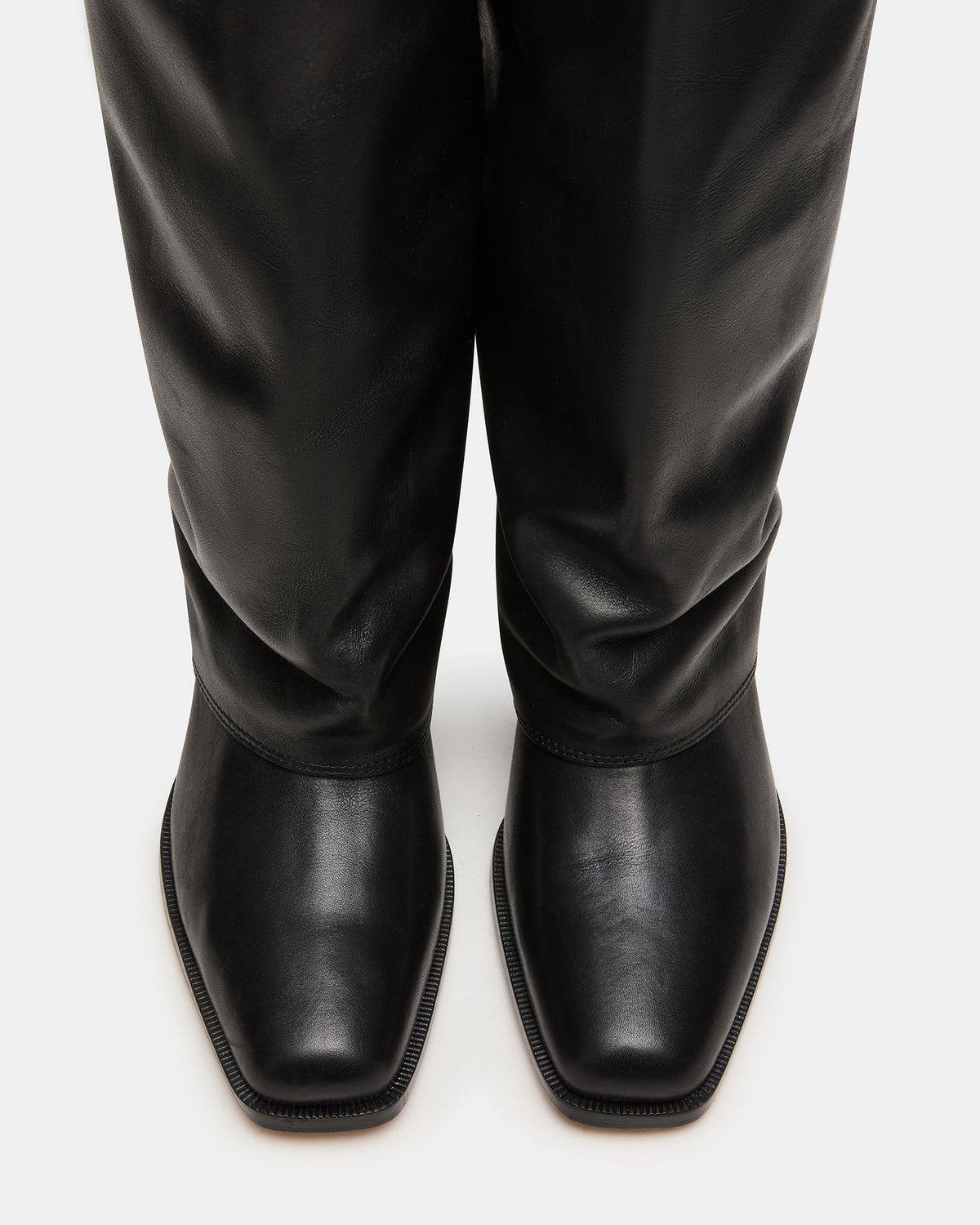 WINNICK Black Leather Knee-High Cuffed Fold-Over Block Heel Women's Boot