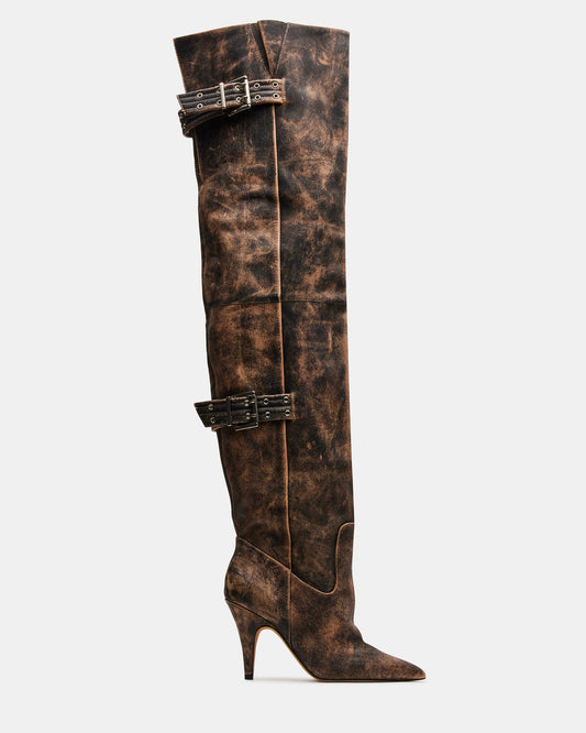 BADDIE Brown Distressed Over-The-Knee Moto Women's Boot