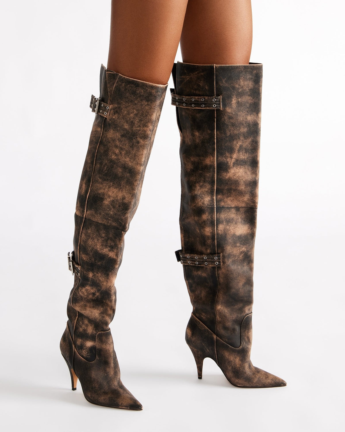 BADDIE Brown Distressed Over-The-Knee Moto Women's Boot
