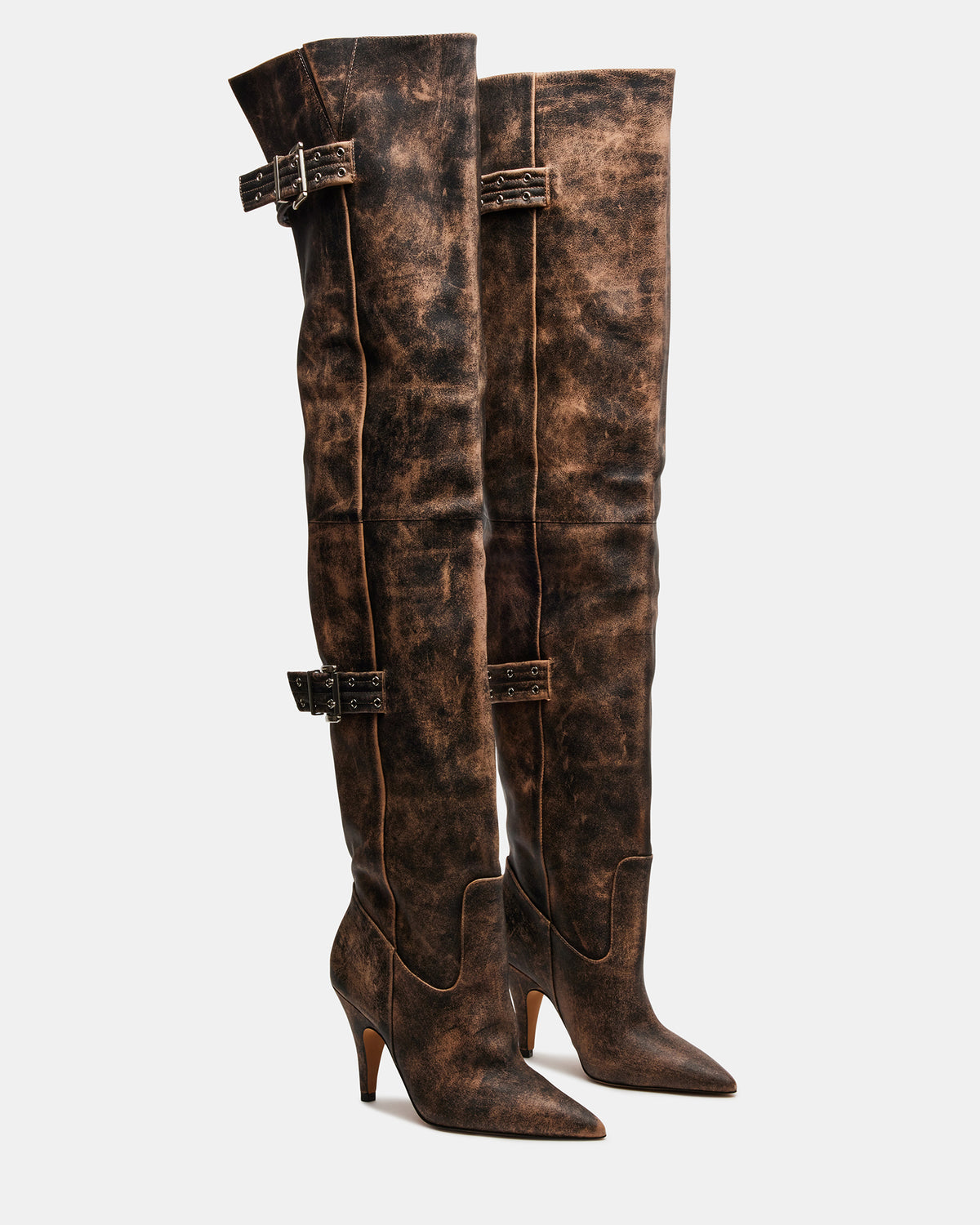 BADDIE Brown Distressed Over-The-Knee Moto Women's Boot