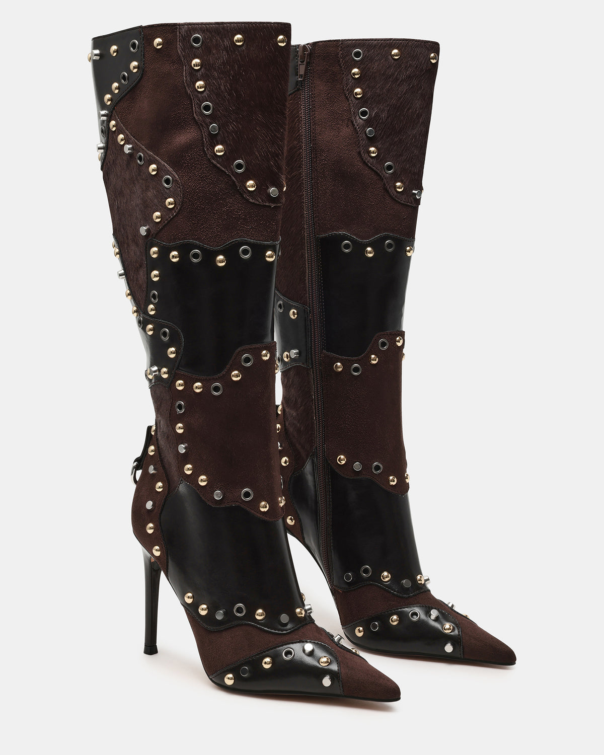 REVIVE Brown Multi Wide Calf Pointed-Toe Knee-High Stiletto Women's Boot
