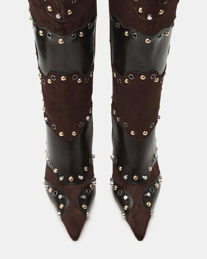 REVIVE Brown Multi Wide Calf Pointed-Toe Knee-High Stiletto Women's Boot