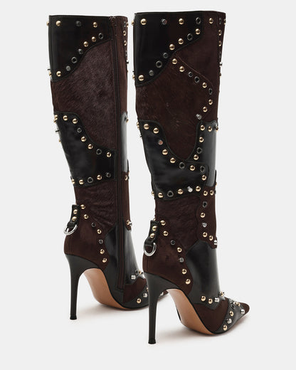 REVIVE Brown Multi Wide Calf Pointed-Toe Knee-High Stiletto Women's Boot