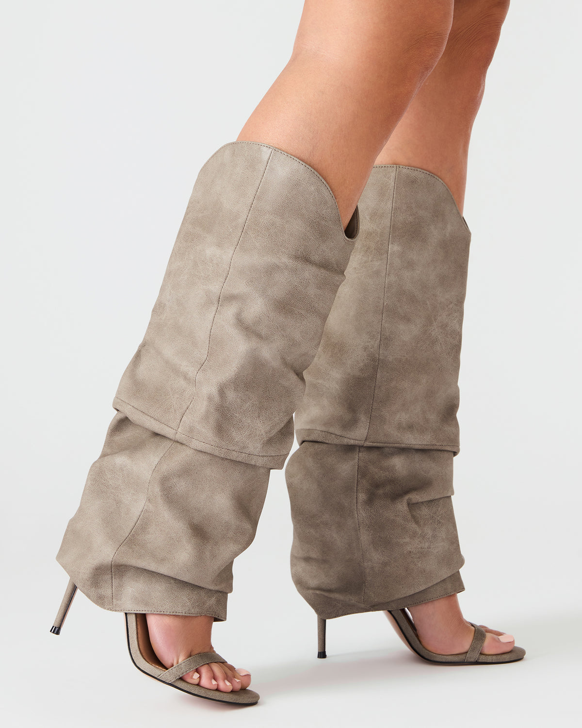 RAVINE Grey Distressed Women's Knee-High Cuffed Stiletto Heel Boot