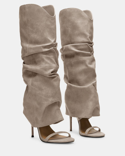 RAVINE Grey Distressed Women's Knee-High Cuffed Stiletto Heel Boot