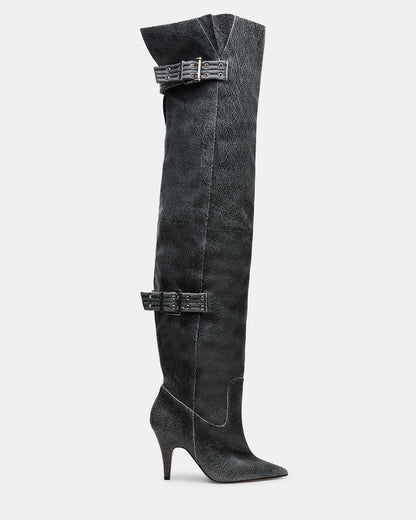 BADDIE Black Distressed Over-The-Knee Moto Women's Boot