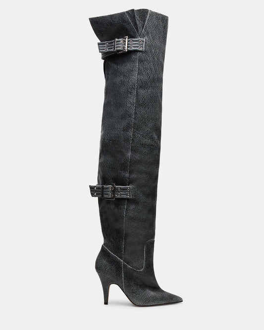 BADDIE Black Distressed Over-The-Knee Moto Women's Boot