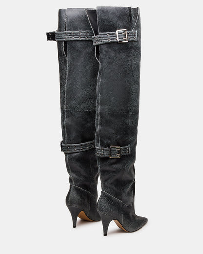 BADDIE Black Distressed Over-The-Knee Moto Women's Boot