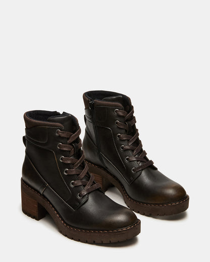 TUFF Dark Brown Lace-Up Block Heel Women's Ankle Boot